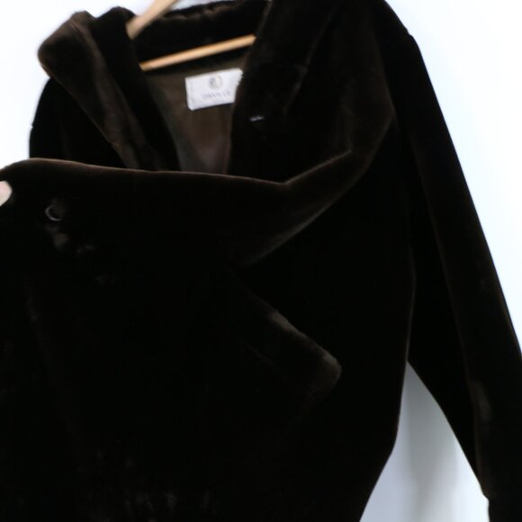 *Vintage Lucien Daville Paris Faux Fur Coat - Harrods Dark Brown with Hood - Picture 7 of 8